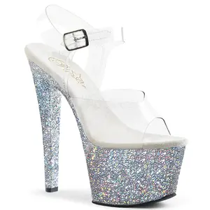Women's 7 in High Heel Footwear, SKY-308LG Silver Glitter Platform Shoes, Elegant Stylish Heels