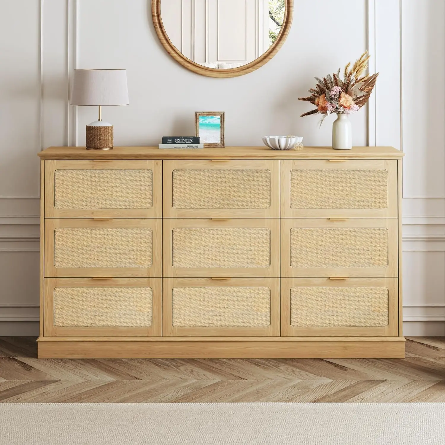 【Summergarden】9 Drawer Dresser for Bedroom, 60 Inch Long Dressers & Rattan Chest of Drawers, Large TV Stand for 55, 65, 70 Inch TV, Boho Style, Modern Dresser for, Living Room, Entryway, Bedroom, Natural Oak