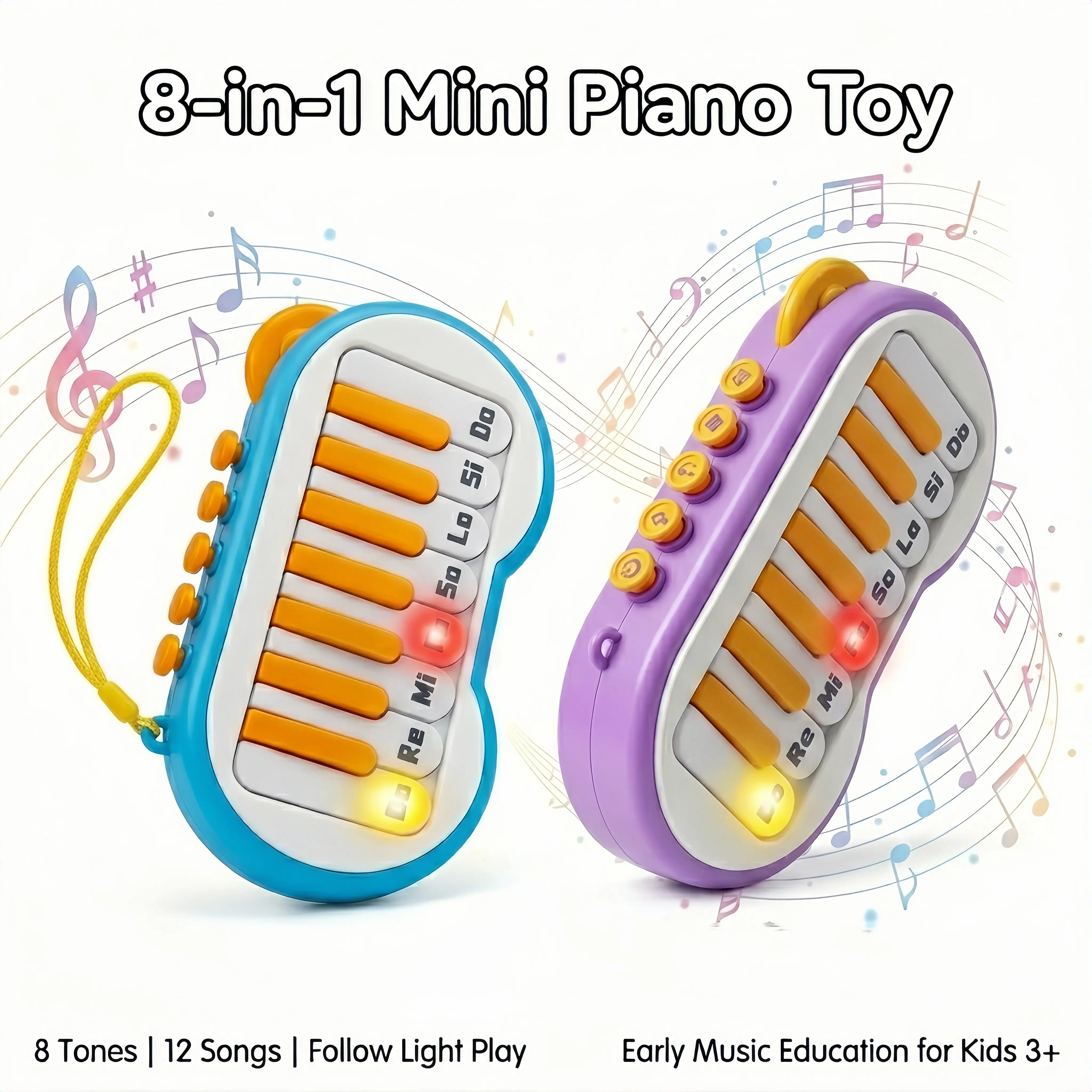 with Rainbow Lights - Portable Toddler Pocket Travel Keyboard, Educational Musical Instrument, Interactive Birthday Gift for Boys & Girls Ages 2,4,5,6 (Blue & Purple)