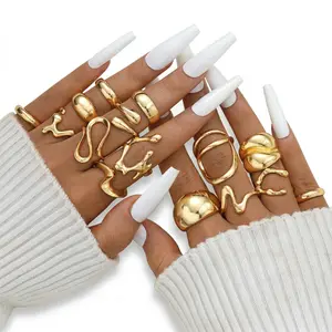 15Pcs Gold Plated Chunky Stackable Rings Set for Women – Thick Open Statement Trendy Gift