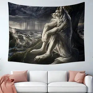Emo White Wolf Tapestry - Funny Alpha Sigma Beta Design, Indoor Wall Hanging for Bedroom Decor, Soft Brushed Fabric, Horizontal Orientation, Wolf Decor Velvet Starry Sky Pattern