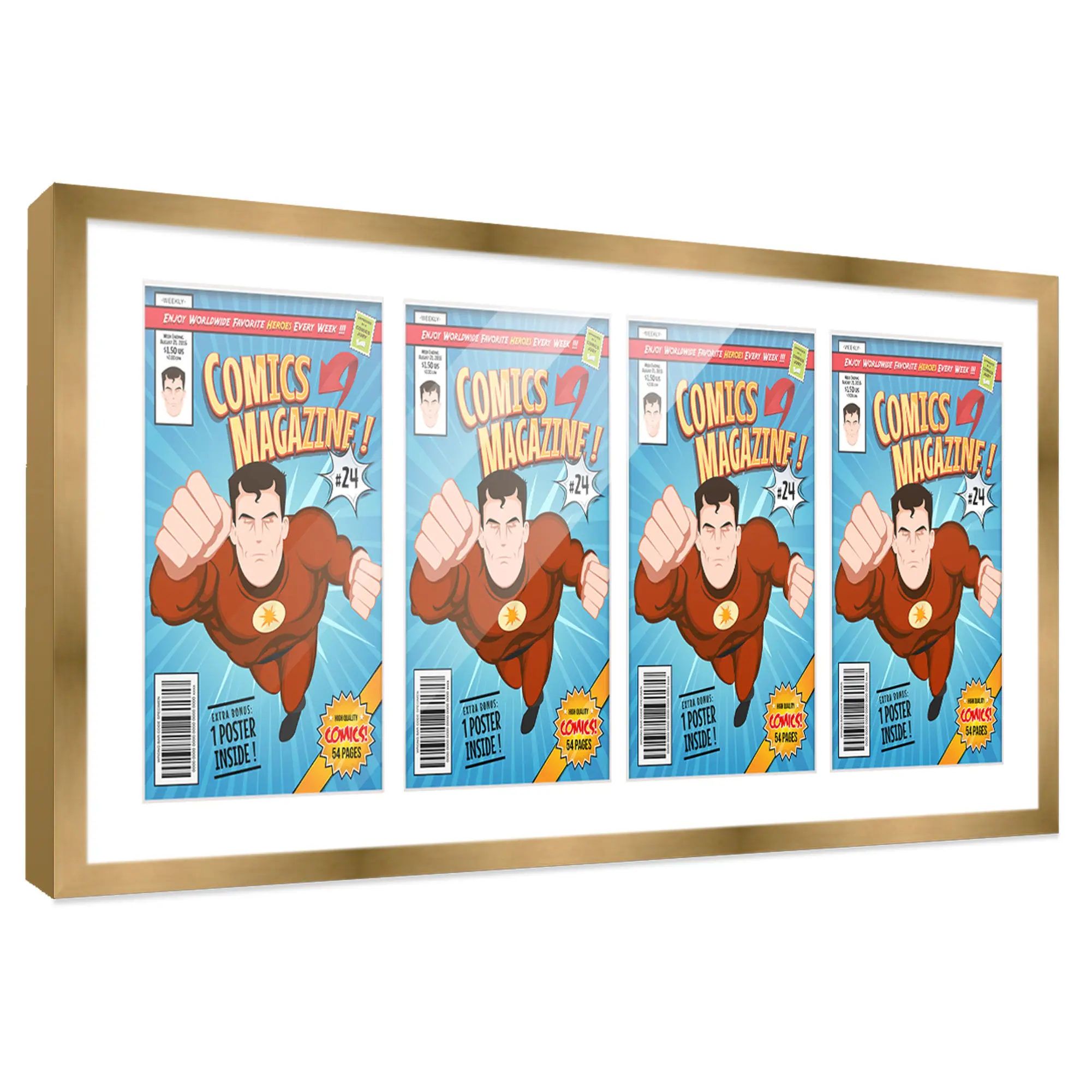 Comic Book Frame with Mat for 4 Bronze Age Comics Published Between 1970 and 1985 - Bronze Wood Comic Frame With White Mat for 7.25x10.5 Comics - 37.5x14 Frame Size
