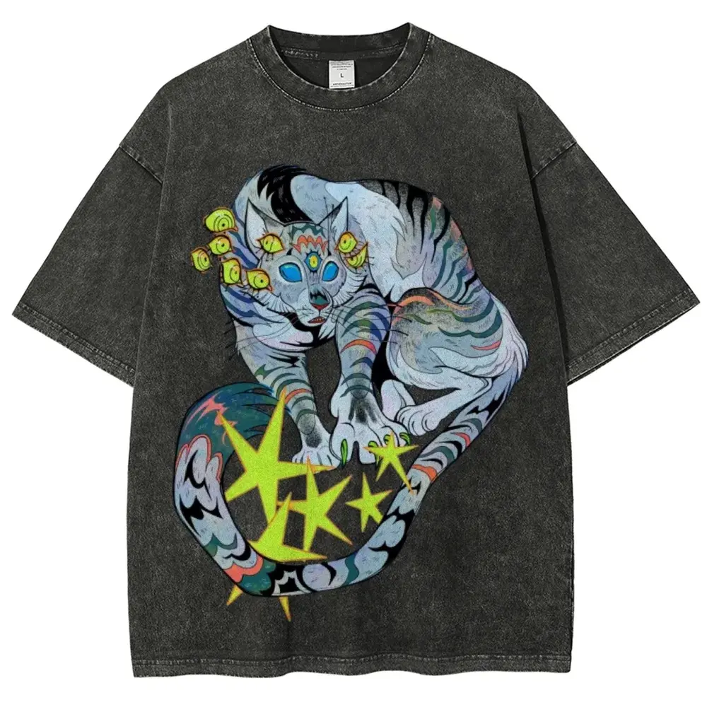 Men's Vintage Washed Round Neck Short-Sleeve Distressed Graphic T-Shirt - Festive Menswear Everyday Casual Streetwear Top, Tshirt, Graphic T Shirts, Cotton, Fitted Cut, Graphic Print