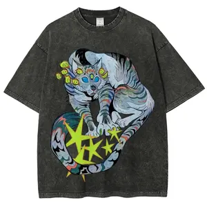 Men's Warriors Cat Unisex Vintage Washed Short-Sleeve T-Shirt, Everyday Casual Fit Streetwear Top