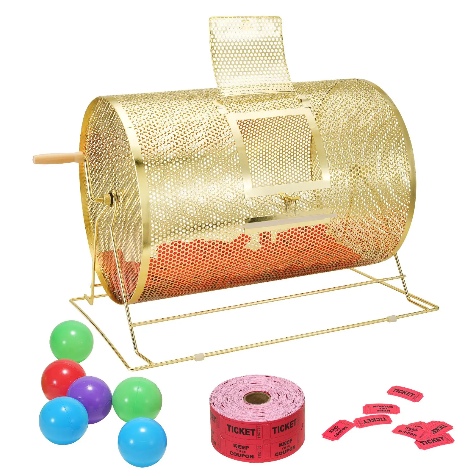 【SummerFinds】VEVOR Raffle Drum,  ,Holds 10000 Tickets or 300 Ping Pong Balls, Metal Lottery Spinning Drawing with Wooden Turning Handle, 14.8 x Ø21.26 inch Brass Plated Raffle Ticket Spinning Cage, for Bingo Ballot
