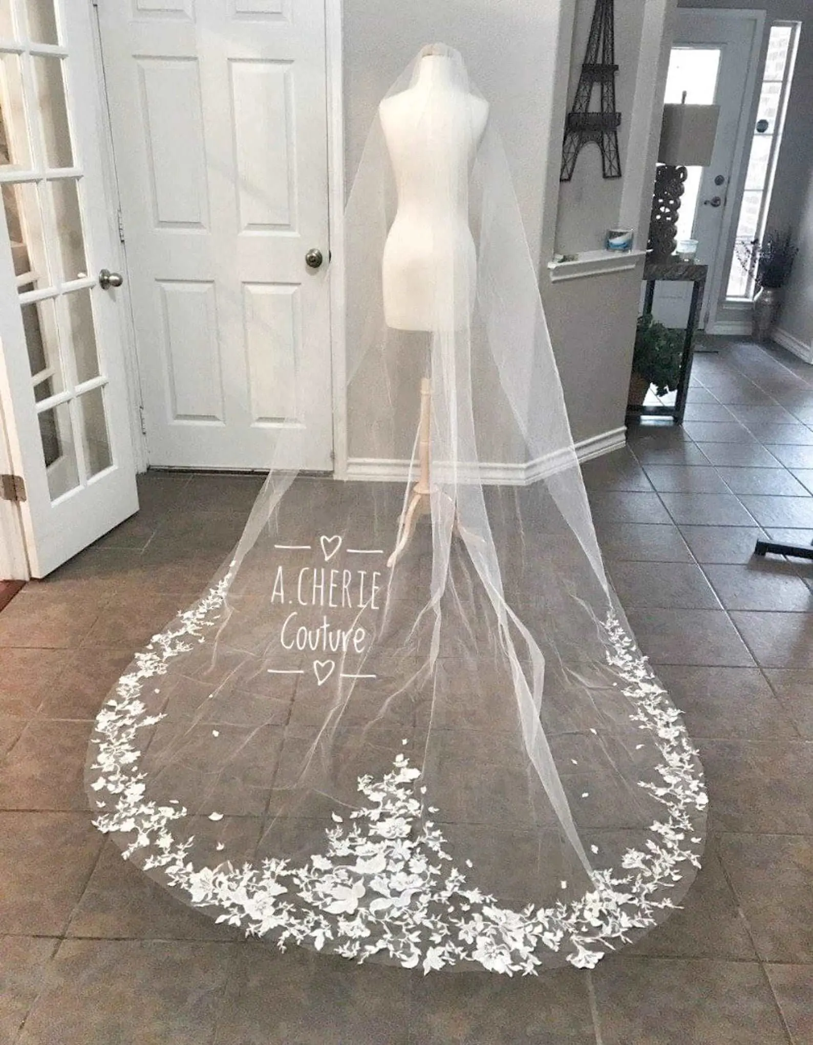 Cathedral Bridal Veil with Floral Lace Edge, 120-Inch Custom Tulle Wedding Accessory for Brides with Comb, Tulle Overlay, Custom Nature Of Creation, Cv09, Made To Order, Tulle & Lace