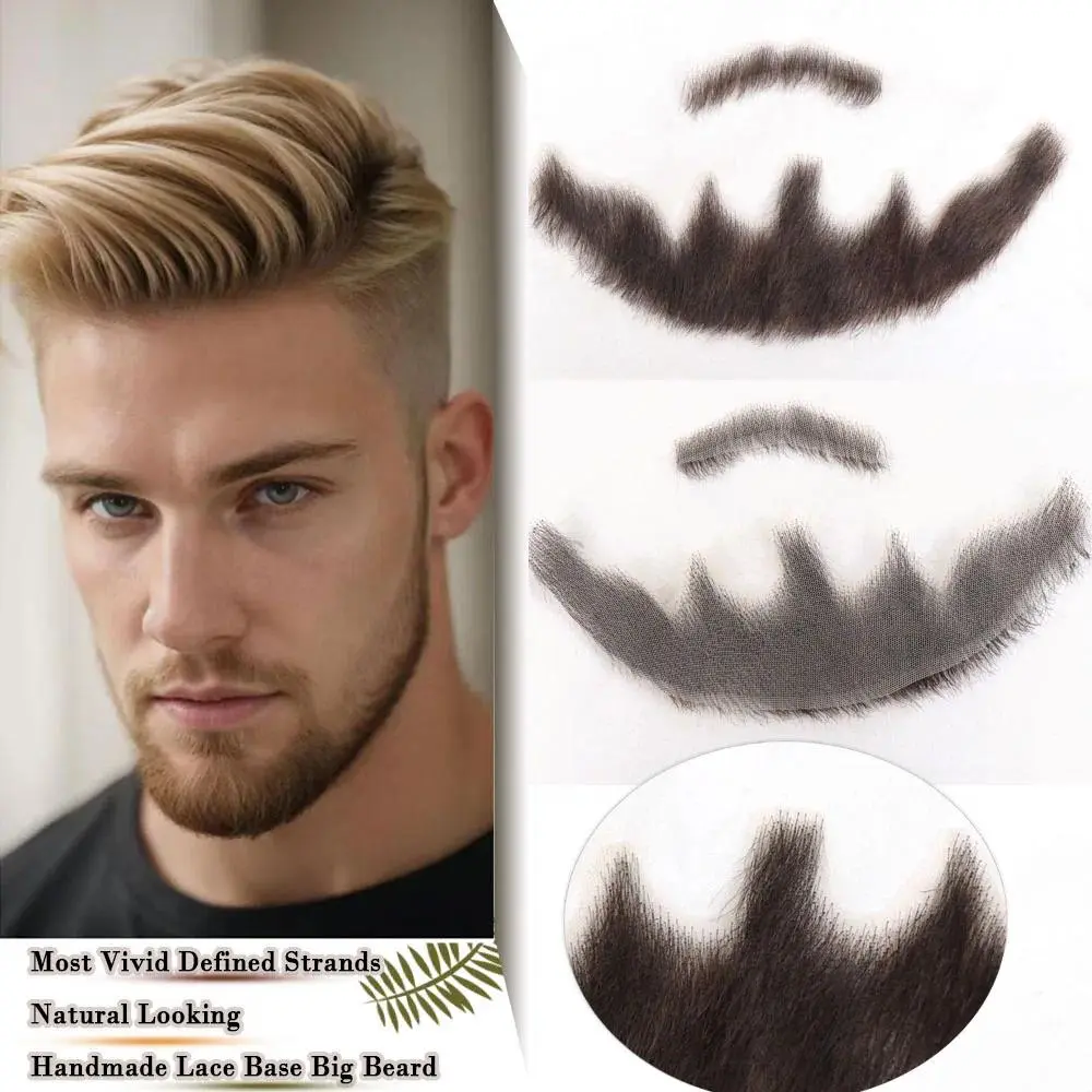 blazingfire Beard and Mustache Set for Male, Natural Looking 100% Human Hair Handmade Craft, Strand-by-Strand Hand-Tied on a Breathable Lace Base, Beard Mustache, One Strand By One Strand