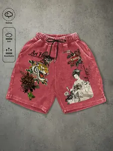 Men's Washed Red Casual Shorts, Japanese Tiger and Geisha Print, Art Heritage Streetwear Loose Drawstring Shorts, Summer Streetwear Bottoms for Everyday Wear Men's Holiday Gifts, Street Essentials, Fashionable Street Style, Retro Sports