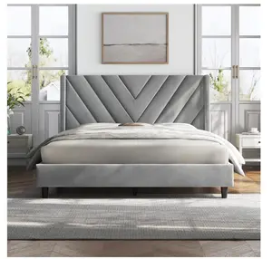 Queen Size Upholstered Platform Bed Frame with Tufted Headboard, Light Gray, Adult
