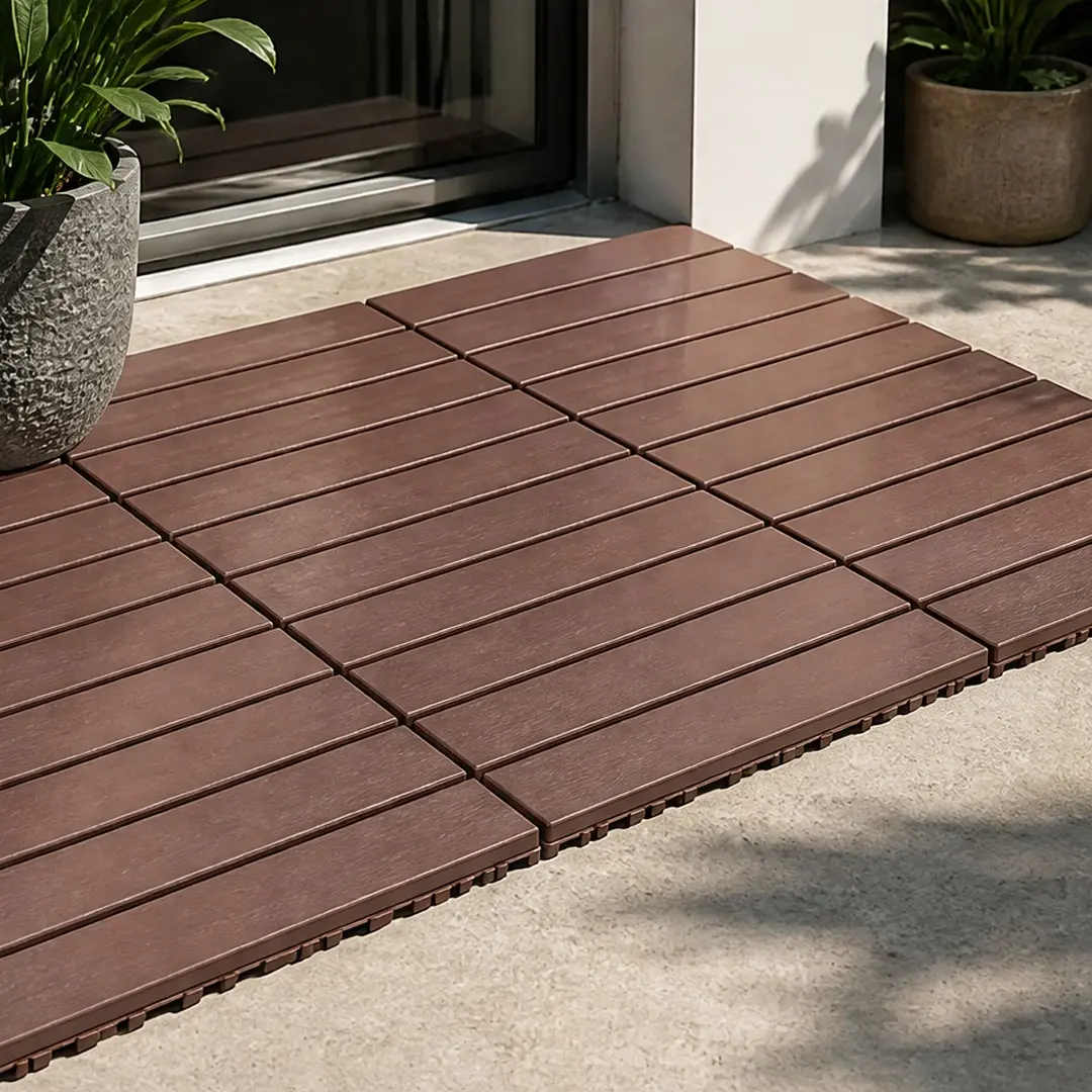 Brown Polypropylene Interlocking Deck Tiles - 22-Pack, 12.00" W X 24.00" D X 0.78" H, 1.50 lb Each, DIY Snap-Together Flooring, Easy Install for Garden, Courtyards, Bathrooms, Indoor/Outdoor Use