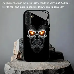 Angry Skull New Black Phone Case Tempered Glass Case for Samsung Galaxy S24/S24FE/S24Plus/S24Ultra/S23/S23FE/S23+/S23Ultra/S22/S22+/S22Ultra/S21/S21+/S21Ultra/S20/S20+/S20FE/S20Ultra/A55/A54/A53/A52/A52s/A05s Simple Trendy, Mobile Accessory, Device Cover