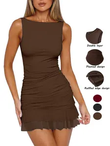 Women's Mesh Sexy Ruched Drawstring Bodycon Boat Neck Mini Dress, Sleeveless Pleated Hem, Club Party Short Gown, Slim-Fitting Fashion