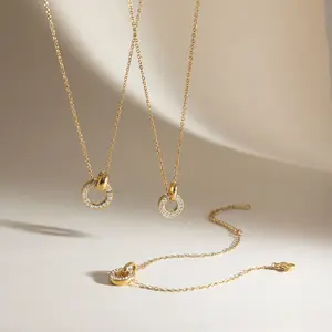 Women's 2-Piece Stainless Steel Gold-Tone CZ Interlocking Rings Jewelry Set - Simple, Minimalist Luxe Everyday Necklace & Bracelet