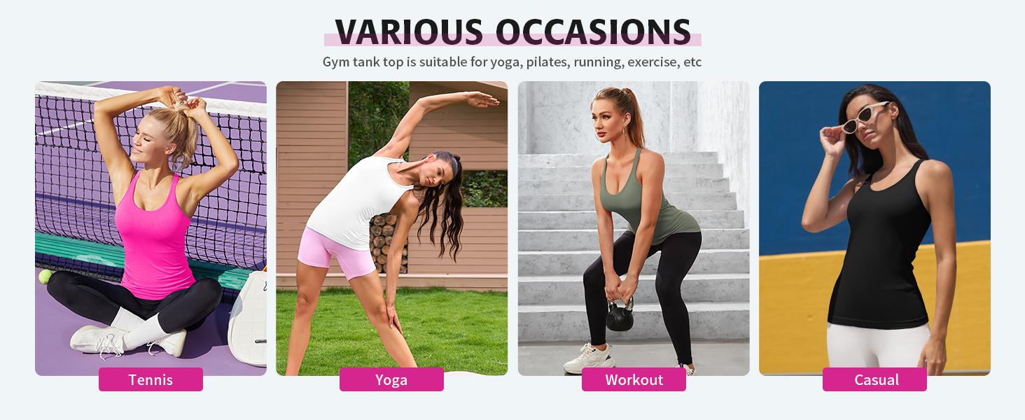 ATTRACO 2 Pack Ribbed Workout Tank Top with Built in Bra for Women Tight Fit Seamless Yoga Top