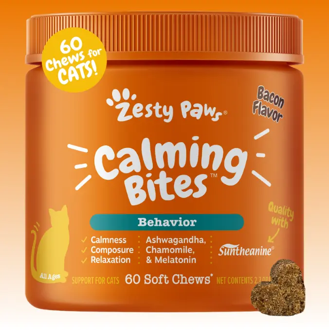 Zesty Paws Calming Bites for Cats, Cat Composure & Relaxation Chews, Relief Soft Chew Pet Treats for Everyday Stress Support - 60 Chews Supplements