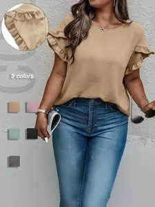 Plus Size Women's Solid Color Ruffle Trim Petal Sleeve Blouse, Casual Short Sleeve Round Neck Top for Summer, Women's Plus Clothing for Daily Wear