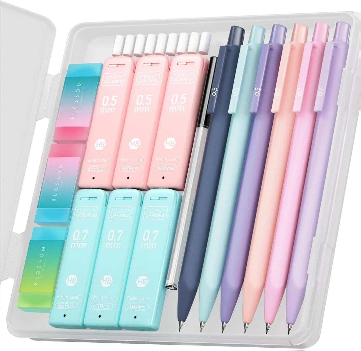 Four Candies Cute Mechanical Pencil Set 6PCS Pastel Mechanical Pencils 0.5 & 0.7mm with 360PCS HB Pencil Leads 3PCS Erasers and 9PCS Eraser Refills Aesthetic Mechanical Pencils for Girls Writing