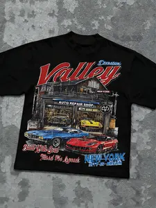 Men's Casual Short Sleeve Crewneck T-Shirt, Car Repair Shop Graphic Print, Vintage American Style, Comfortable Fabric, Fashionable Fit, Aesthetic, Spring & Fall