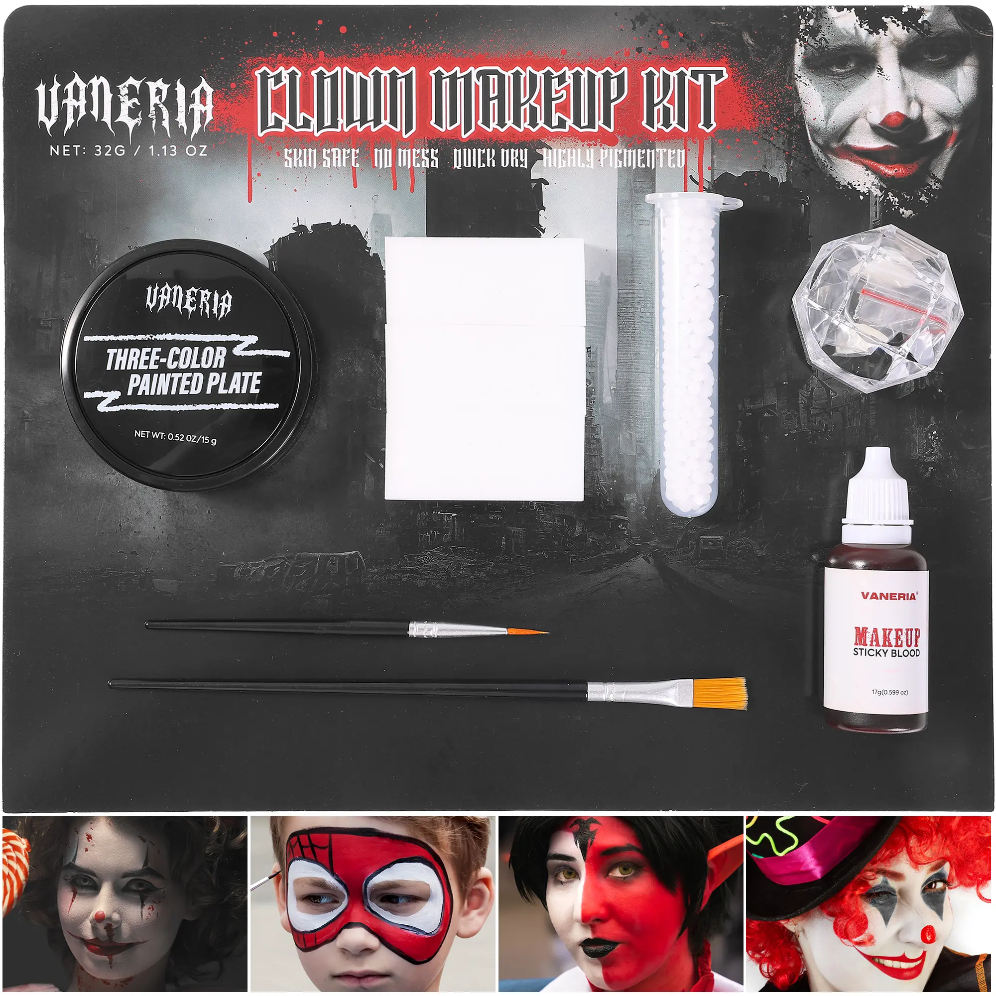 Clown Makeup Set for Halloween - Long-Lasting Black White Red Cream Paint, SFX Face & Body Paint Kit with Vampire Teeth, Fake Blood & Brushes for Theater Art, All Skin
