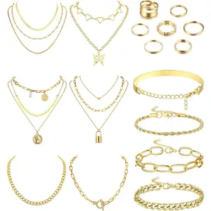 CASSIECA 17-Piece Fashion Costume Jewelry Set - Chunky Necklaces, Bracelets, Knuckle Gold Rings, Women's Accessories for Birthday, Christmas Gifts, Jewelry For Women Summervibes