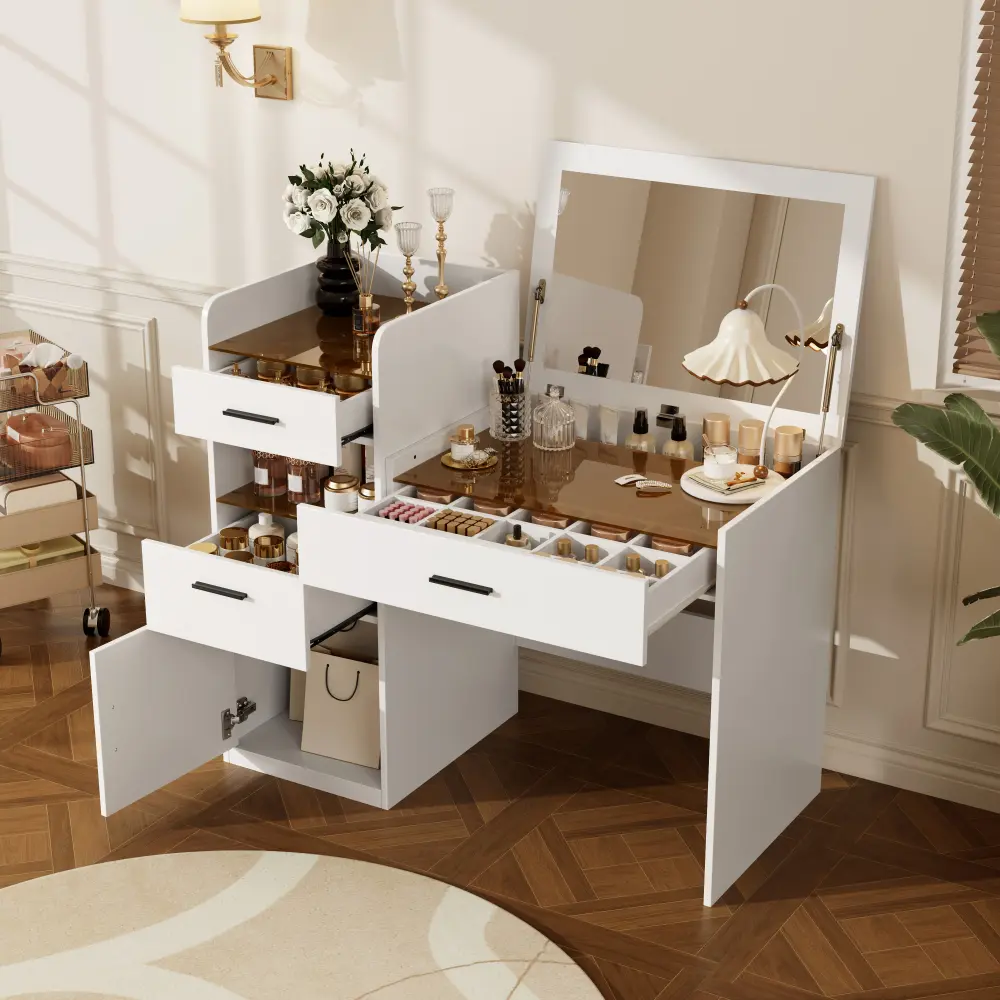 Sturdy Compact Vanity Makeup Desk - 3-in-1 Multi-Functional Flip-Top Mirror Dressing Table, MDF + Glass Top, Hidden Compartment, 3 Drawers, Cabinet, Foldable Space-Saving Storage for Bedroom, White