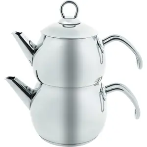 Belinay Teapot Set, Medium,18/10 Stainless Steel, Turkish Tea Set, Tea Maker, Teapot & Lid (1L 2.2lb) Tea Kettle (1.6L 3.5lb), Tea Sieve, Turkish Tea Maker, Double Teapots, Durable, Silver