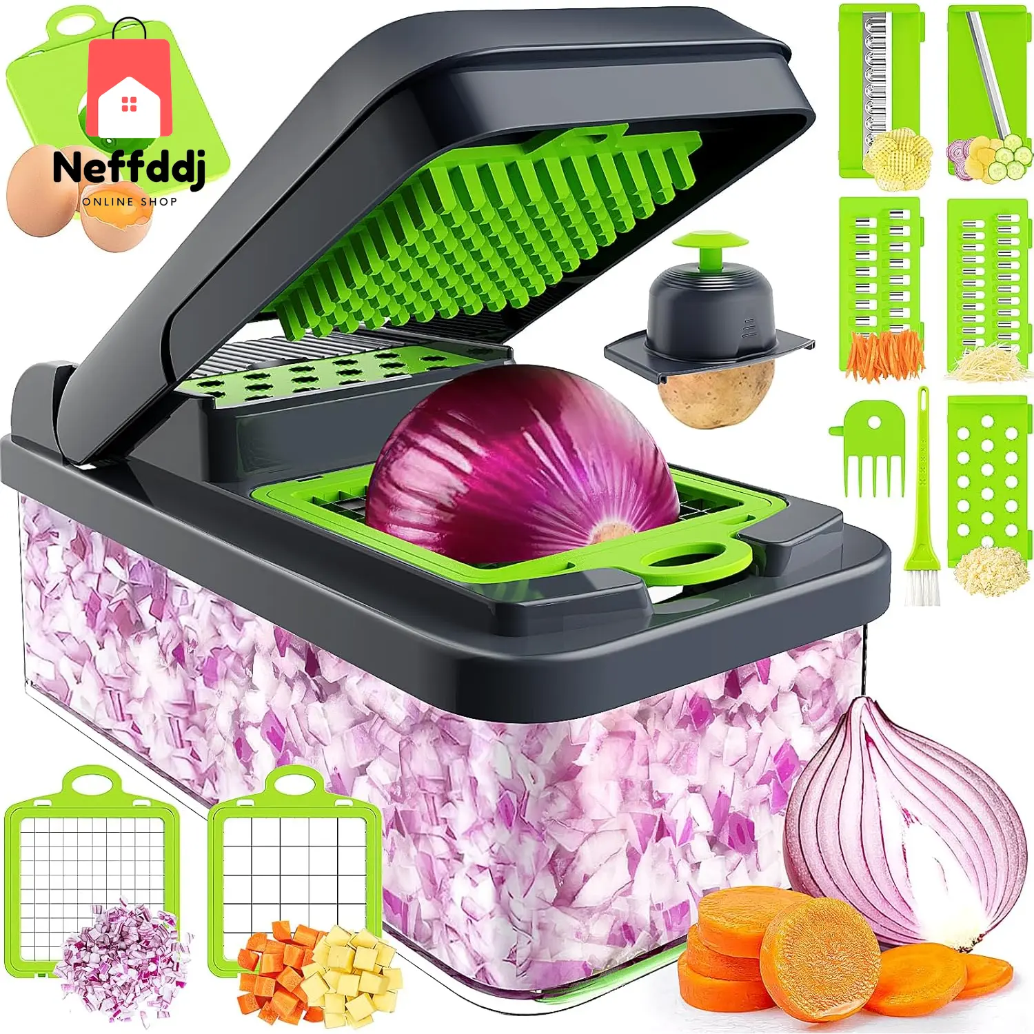 12-In-1 Vegetable Chopper, 7 Blade Veggie Chopper, Practical Food Chopper with Container, Cheese Grater, Home Essentials & Kitchen Gadgets(Green/Grey) No Brand