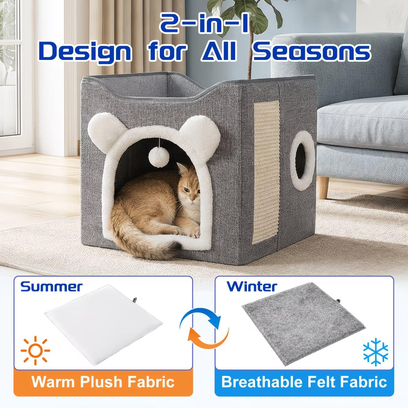 3-in-1 Foldable Cat House & Sisal Scratcher | Double-Layer Semi-Enclosed Bed | For Anxious Cats