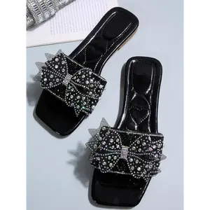 (New)Women's Rhinestone Decorated Bowknot Design Slides, Casual Comfortable Square Toe Slippers for Summer, Fashionable Slides for Indoor & Outdoor Wear, Shoe