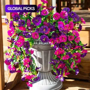 2 PCS  or 6 PCS Artificial Hanging Flowers Fake Plants Outdoor, Artificial Flower Set, Silk Morning Glory Faux Flowers with Eucalyptus Leaf,UV Resistant Realistic Hanging Petunias Plants for Home Garden Decor