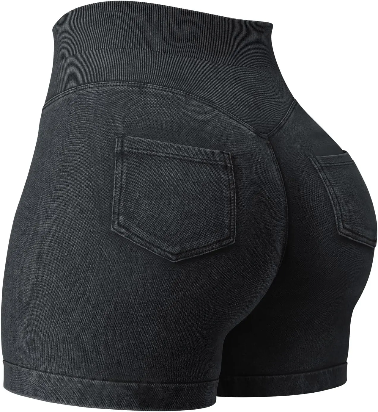 Jetjoy Biker Shorts for Women with High Waist Seamless Faux Denim Workout Gym Shorts, Acid Wash Going Out Leisure Gym Shorts for Women