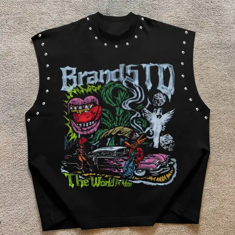 Unisex Rivet Sleeveless Vest, Streetwear Tank Vest, Vest Tank Top, Graphic Letter Print Round Neck, Casual Fitted Streetwear, Fitness and Daily Wear, Trendy and Comfortable, Menswear