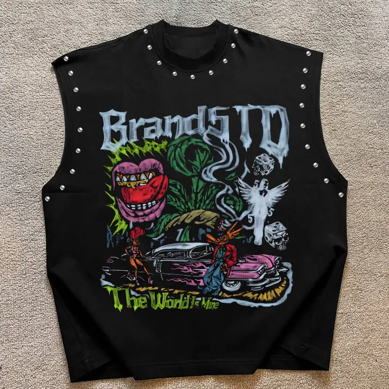 Unisex Rivet Sleeveless Vest, Streetwear Tank Vest, Vest Tank Top, Graphic Letter Print Round Neck, Casual Fitted Streetwear, Fitness and Daily Wear, Trendy and Comfortable, Menswear