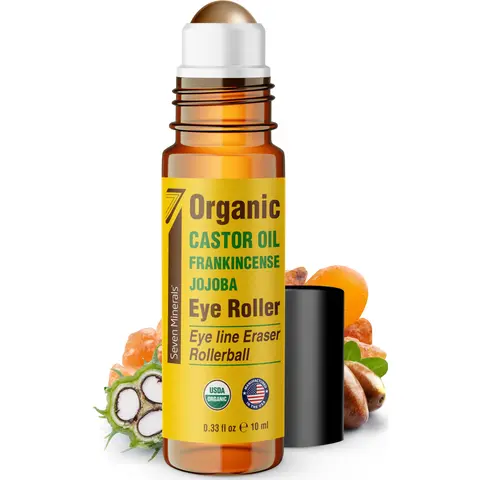 Seven Minerals Castor Oil Roll On Eye Roller for Under Eye Bags, Dark Circles & Wrinkles - Powerful Organic Blend of Castor, Frankincense & Jojoba - Brighten, and Revitalize Skin & Face - 0.33 fl oz,Revitalizing Eye Cream,Eye Cream Roller,Soothing,Serum