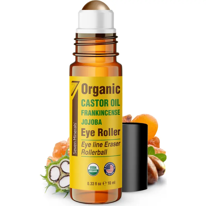 Seven Minerals Castor Oil Roll On Eye Roller for Under Eye Bags, Dark Circles & Wrinkles - Powerful Organic Blend of Castor, Frankincense & Jojoba - Brighten, and Revitalize Skin & Face - 0.33 fl oz,Revitalizing Eye Cream,Eye Cream Roller,Soothing,Serum