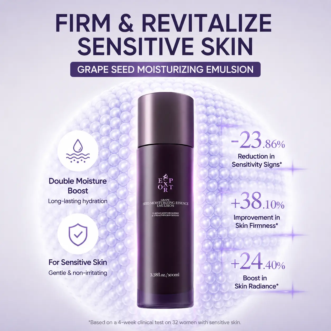 DC EXPORT Grape Seed Moisturizing Essence Emulsion – Antioxidant Anti-Aging Face Lotion, 15% Yeast Ferment + Squalane + Pitera, Deep Moisture, Firms & Plumps, Balances Oily Skin, Non-Greasy Alcohol-Free Clean Formula for All & Sensitive Skin (100ml)
