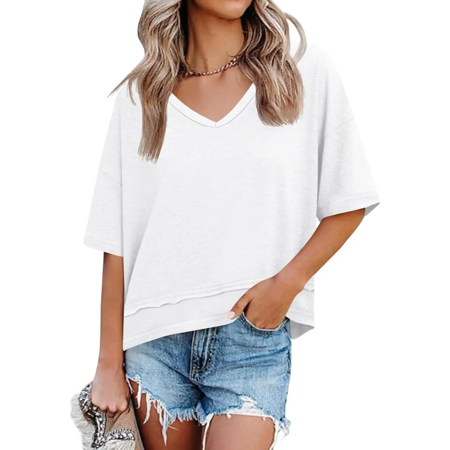 Imily Bela Womens Summer V Neck T Shirts Casual Short Sleeve Flowy Tops Cute Loose Fit Basic Tees