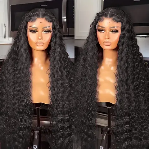 Women's Black Brazilian Human Hair Lace Front Deep Wave Glueless Wig - 12~38 in, 13x4/13x6 HD Transparent Lace, 180 Density, Adjustable 22-22.5 in Medium Cap with 4 Combs, Stretchable Glueless Human Wigs