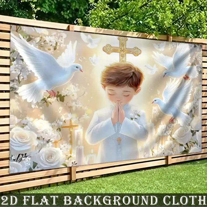 1pc Catholic Boy First Communion Wall Decor Banner - Glam Praying Design, White Doves, Glowing Cross - No-Power 2D Flat Religious Textile - Indoor Ceremony, Photography Backdrop Decoration