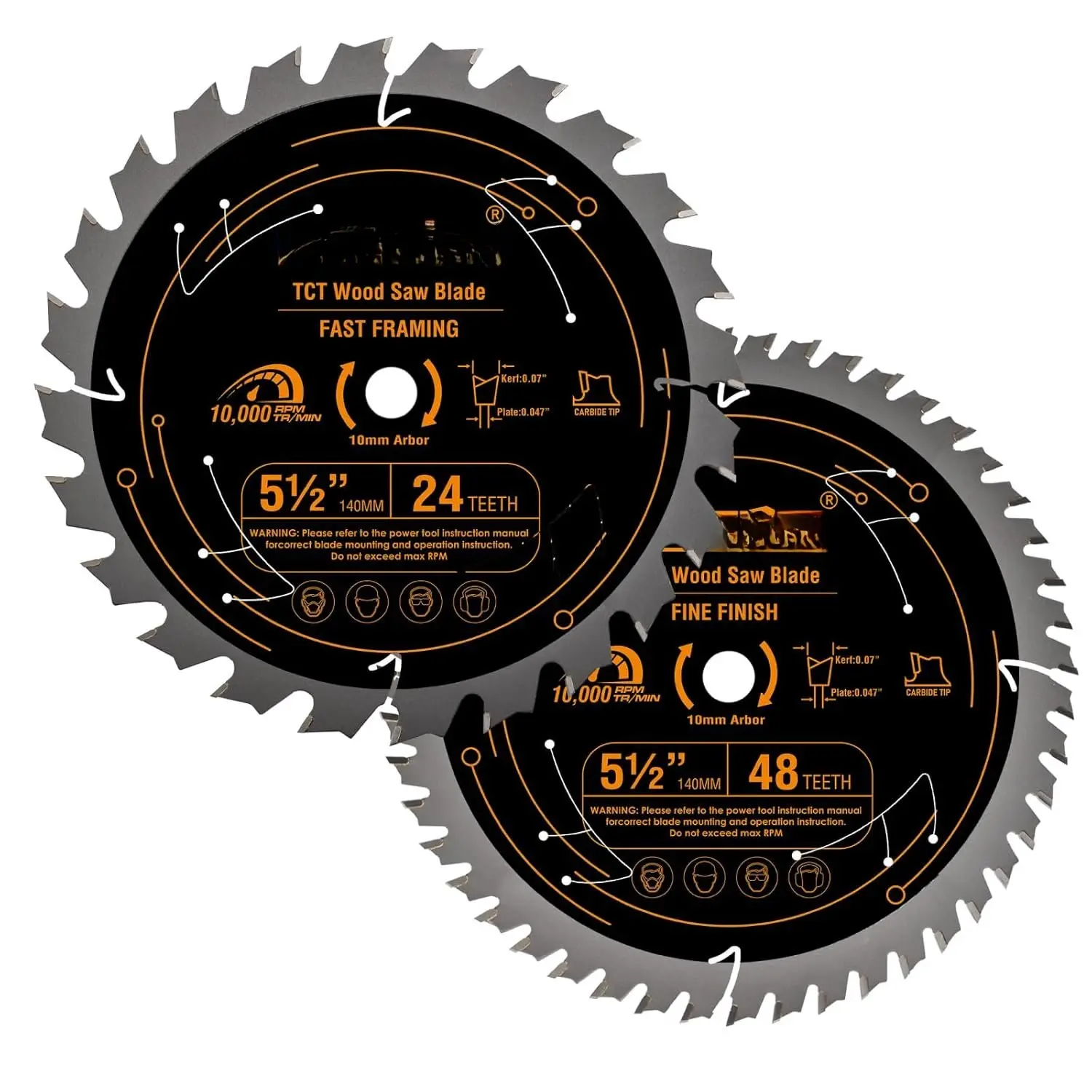 5-1/2 Inch (140 mm) Tungsten Carbide Tip Circular Saw Blade, 10 mm Arbor, 24T & 48T for Framing & Fine Finish, 10000 Max RPM, Ideal for Plywood, MDF, Plastic, Veneer, Lumber, Laminate, 24T & 48T Carbide Tips
