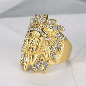 Iced Out Native American Indian Chief Ring for Men, 18K Gold Plated Hypoallergenic Titanium Steel Hip Hop Ring, Cubic Zirconia Inlaid Durable Statement Biker Jewelry for Daily Wear, Rap Performance & Party