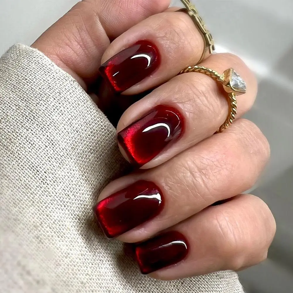 Blood Red Cat Eye Press on Nails, Square Fake Nails with Tools, Reusable Gloss Stick Nails for Women & Girls