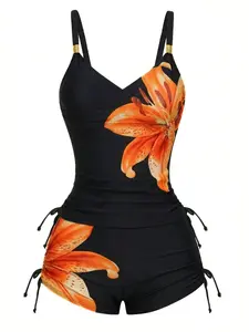 RETRO STAGE Women's 1950s Lily Floral Print Tankini Swimsuits Set - Polyamide Blend, Wireless Bra, High-Stretch Lace-Up Shorts, Multi-Size Bathing Suit Women Set