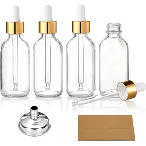 4 count, 1 oz Golden Cap Clear Dropper Bottles (30ml) with 1 Funnel & 4 Labels - Glass Tincture Bottles with Eye Droppers - Leakproof Essential Oil Bottles for , Personal Care & Beauty