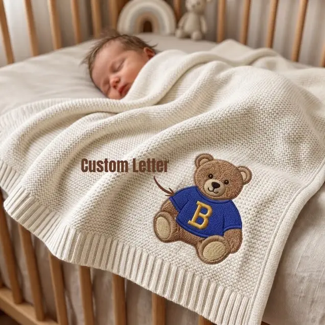 [Made-to-Order] Custom Teddy Bear With Name Embroidered BB Cotton Blanket
