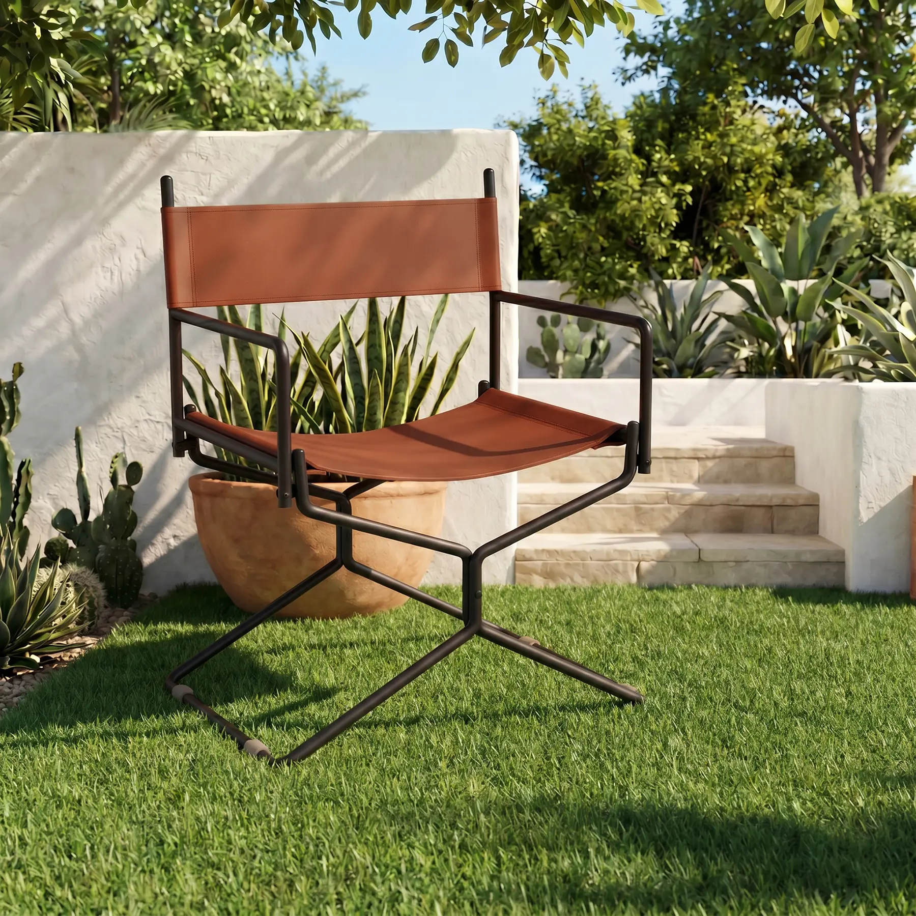 [YOMSUM] Genuine Leather Folding Director Chair – 100% Leather Camping Chair, Butterfly-Style Heavy Duty Carbon Steel Frame with Oxford Fabric Accent, No Assembly Portable Outdoor Chair for Patio Garden Backyard Lawn, High Weight Capacity