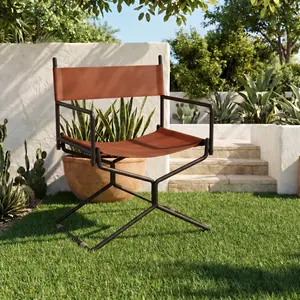 [YOMSUM] Genuine Leather Folding Director Chair – 100% Leather Camping Chair, Butterfly-Style Heavy Duty Carbon Steel Frame with Oxford Fabric Accent, No Assembly Portable Outdoor Chair for Patio Garden Backyard Lawn, High Weight Capacity