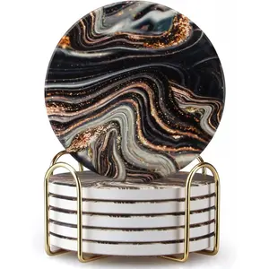 6 count Black and  Marble Coasters with Holder  Round Absorbent Coasters for Drinks, Coffee, , Table Marble Personalized Coaster Sets