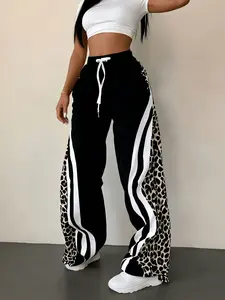 A women's fashionable new black leopard print white color-block striped drawstring waist pocket design sporty wide-leg pants, suitable for summer, daily wear, and sports outfits, Casual Streetwear Pants, Casual Fashion Trousers