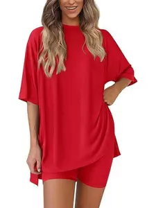 Women's Casual Round Neck Split Loose Fit Shorts Sleeve Home Wear Set, Comfortable Pajama Loungewear for Daily Use
